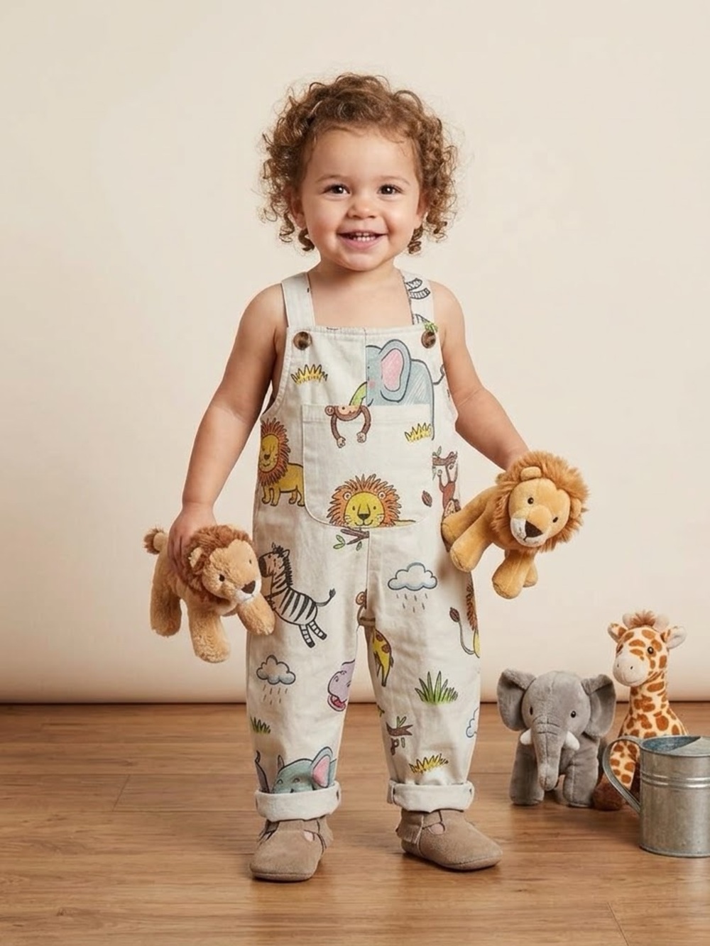 🎉 (18-24m) MiniOlie Kids Cream Safari Animal Overalls - Picture 2 of 5